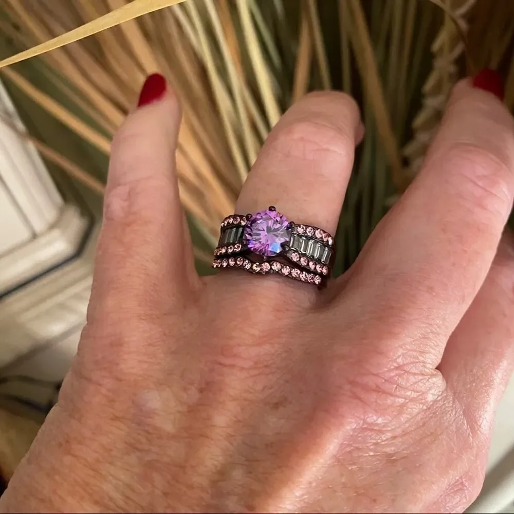 Amethyst CZ Ring-Brown Stainless Steel Multi-Band Design